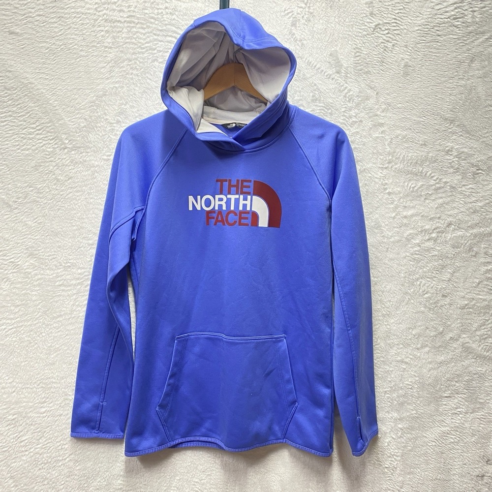 North Face Sweatshirt Women Large Purple Hooded Kangaroo Pocket Printed Logo